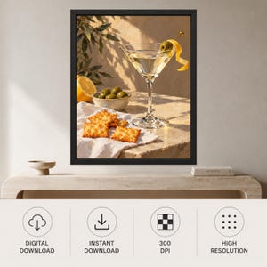 Martini Still Life Print, Olive Cocktail Art, Mediterranean Bar Decor (Digital Download) imagen 10
