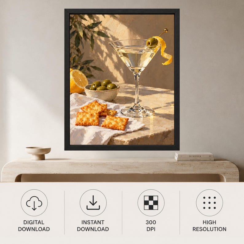 Martini Still Life Print, Olive Cocktail Art, Mediterranean Bar Decor (Digital Download) imagen 10