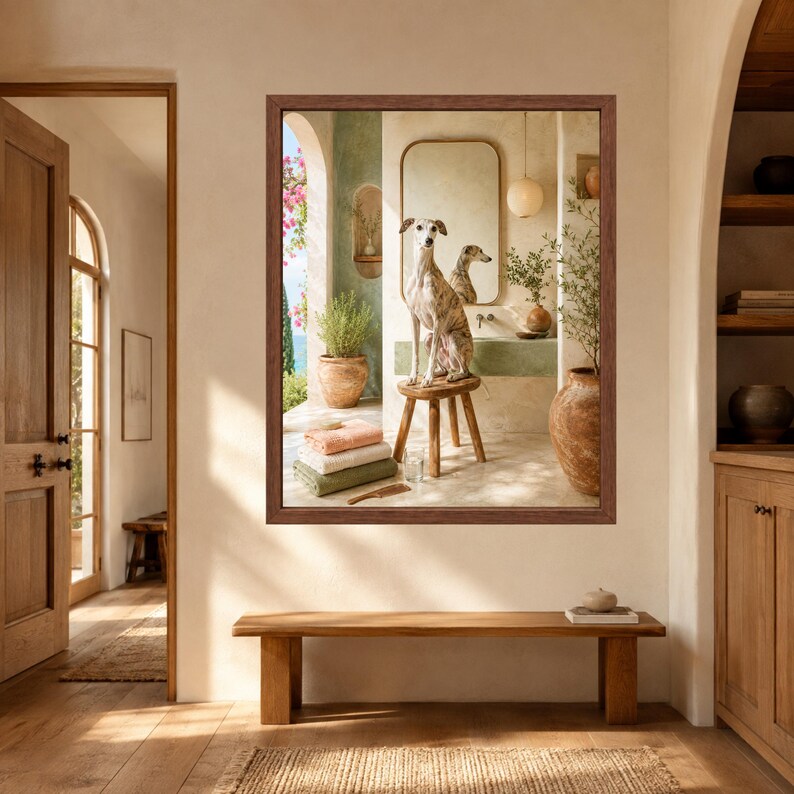 Whippet Bathroom Wall Art, Greyhound Dog Poster, Mediterranean Bathroom Print, Digital Download immagine 8