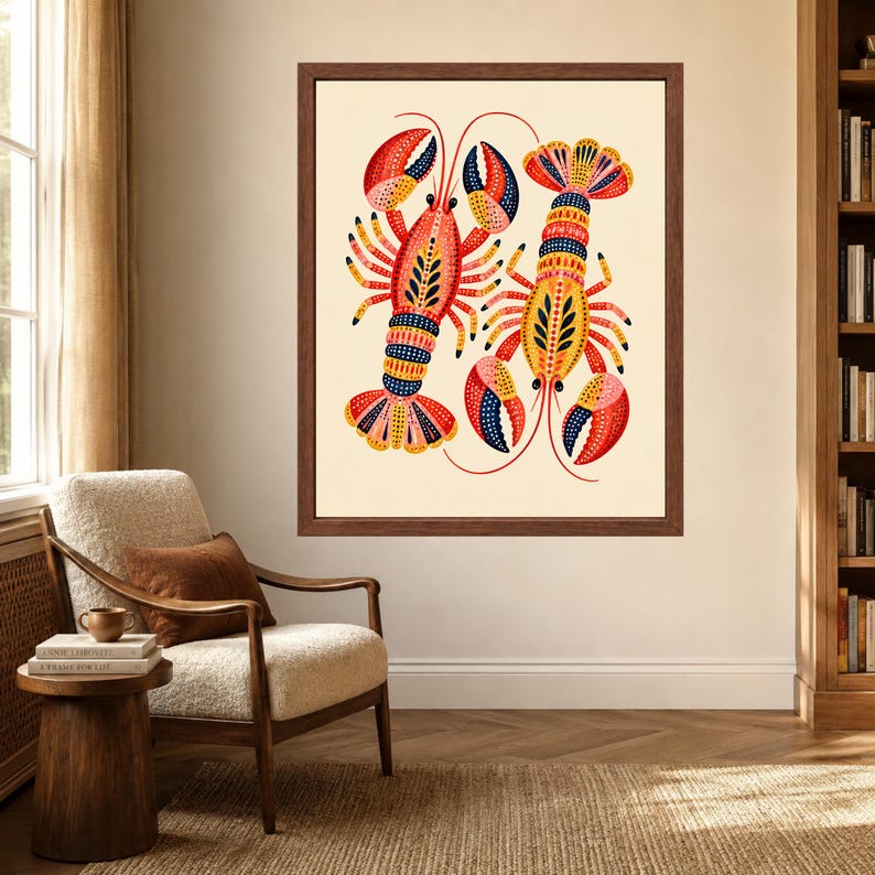 Folk Art Lobster Print, Coastal Kitchen Decor, Nautical Seafood Poster (Digital Download) image 3