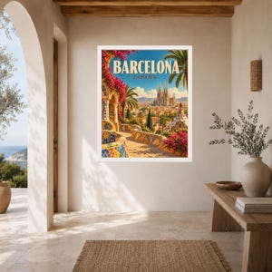 May include: A rectangular wall art print featuring a vibrant illustration of Barcelona, Spain. The image displays a mosaic-tiled walkway, bright pink bougainvillea flowers, palm trees, and the Sagrada Familia in the distance under a blue sky.