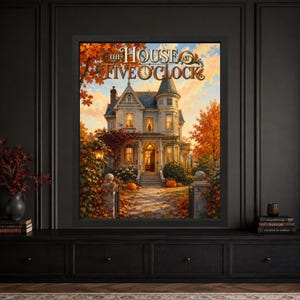Framed Victorian Halloween wall art showing a glowing old mansion surrounded by orange autumn trees and pumpkins with a shadowy figure in an upstairs window beneath The House at Five O'Clock lettering.