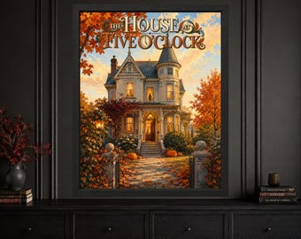 The House at Five O'Clock Victorian Halloween Print, Gothic Autumn Mansion (Digital Download)