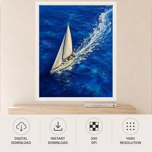 May include: A vertical wall art print featuring an aerial view of a white sailboat navigating through deep blue ocean waters. The vessel leaves a prominent white wake behind it, contrasting with the vibrant, textured shades of the sea surface.