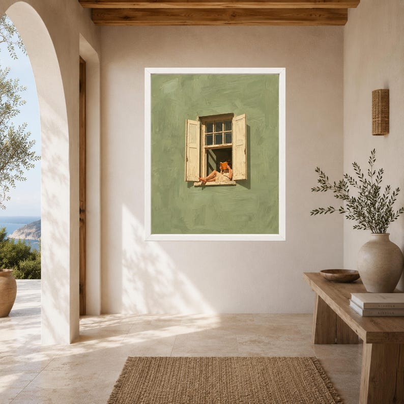 Woman Reading in Window Print, Sage Green Wall Art, Book Lover Decor (Digital Download) image 6