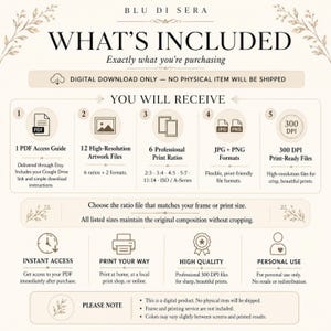 May include: An informational graphic titled BLU DI SERA WHAT'S INCLUDED, detailing a digital download purchase. It lists 1 PDF access guide, 12 high-resolution artwork files, 6 print ratios, JPG and PNG formats, and 300 DPI print-ready files.