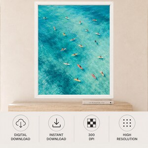 Aerial Turquoise Ocean Surfers Print, Coastal Surfboard Art (Digital Download) image 11