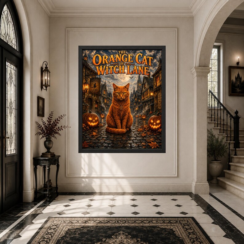May include: A framed wall art print titled The Orange Cat of Witch Lane, featuring a central orange cat sitting on a cobblestone street at night, surrounded by glowing jack-o'-lanterns, autumn leaves, and old buildings under a full moon.
