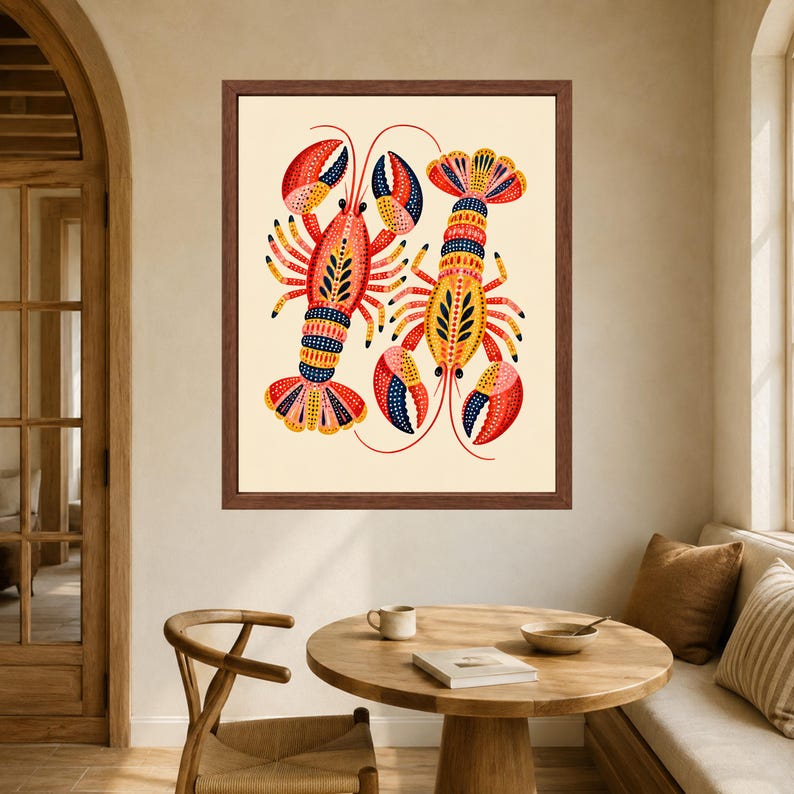 Folk Art Lobster Print, Coastal Kitchen Decor, Nautical Seafood Poster (Digital Download) image 5