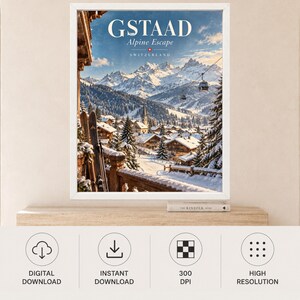 Gstaad Swiss Alps Travel Poster, Alpine Village, Ski Resort (Digital Download) image 11