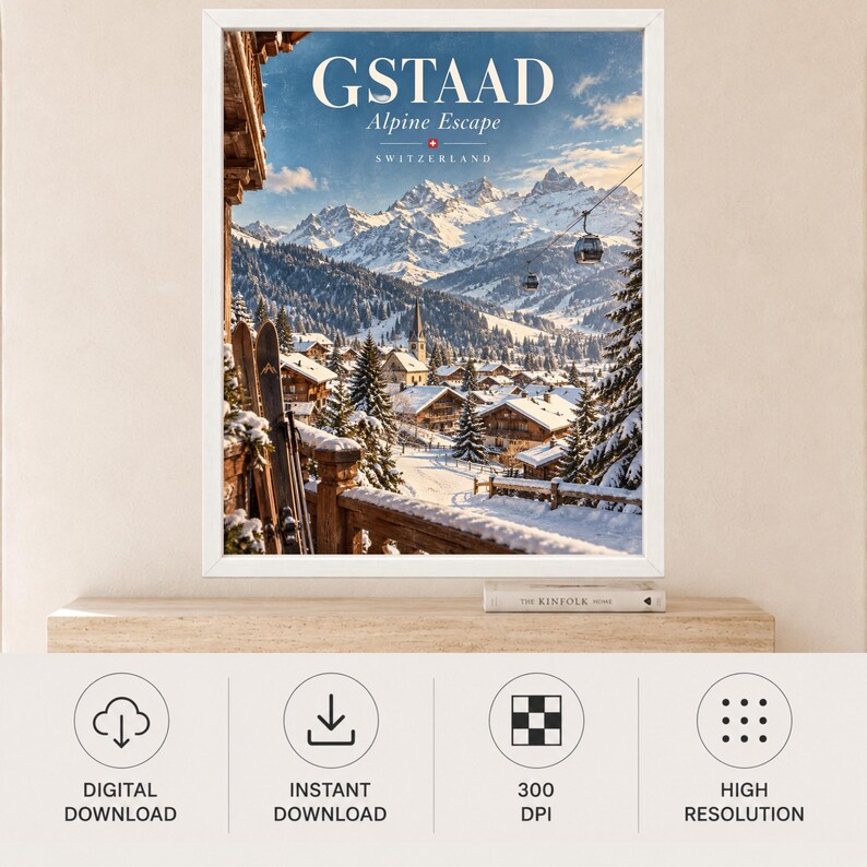 Gstaad Swiss Alps Travel Poster, Alpine Village, Ski Resort (Digital Download) image 11