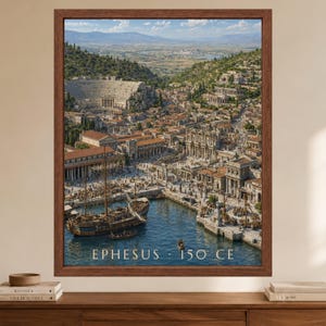May include: A framed wall art print depicting an aerial view of the ancient city of Ephesus in 150 CE. The scene features a harbor with wooden sailing ships, stone buildings, a large amphitheater, and the text EPHESUS 150 CE at the bottom.