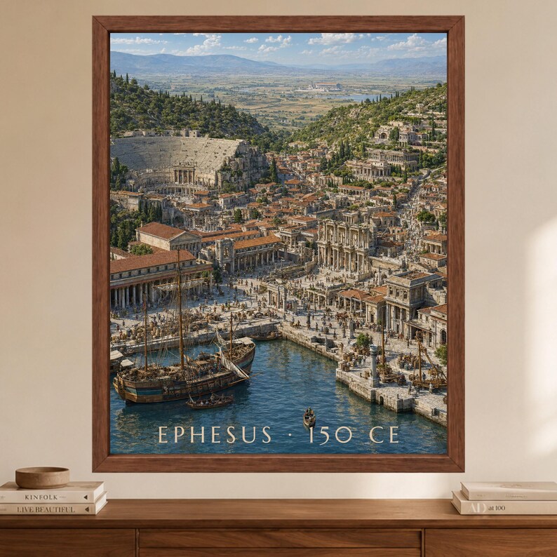 May include: A framed wall art print depicting an aerial view of the ancient city of Ephesus in 150 CE. The scene features a harbor with wooden sailing ships, stone buildings, a large amphitheater, and the text EPHESUS 150 CE at the bottom.