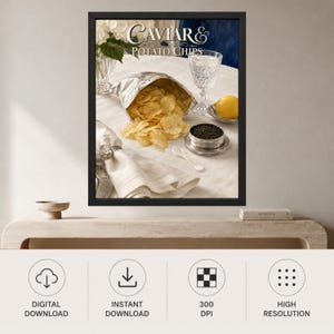 May include: A framed wall art print titled Caviar & Potato Chips featuring a silver foil bag of golden potato chips, a small silver bowl of black caviar, a crystal glass, a lemon, and a white napkin with a shell napkin ring on a table.