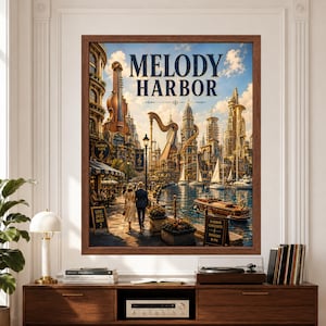 Framed Melody Harbor fantasy music wall art featuring a bright waterfront city with monumental violin, harp and brass instrument architecture, sailboats, cafés, pedestrians and elegant musical towers beneath a blue sky.