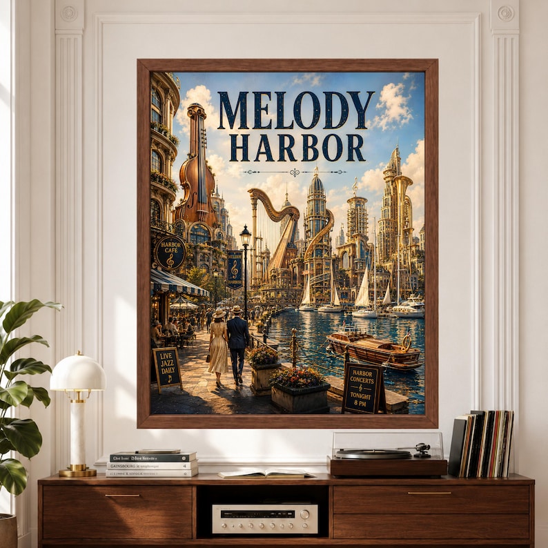 Framed Melody Harbor fantasy music wall art featuring a bright waterfront city with monumental violin, harp and brass instrument architecture, sailboats, cafés, pedestrians and elegant musical towers beneath a blue sky.