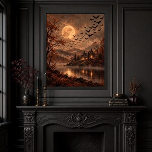 Decoración de pared de casa embrujada, lámina de Halloween con luna llena, paisaje gótico otoñal (descarga digital) imagen 3