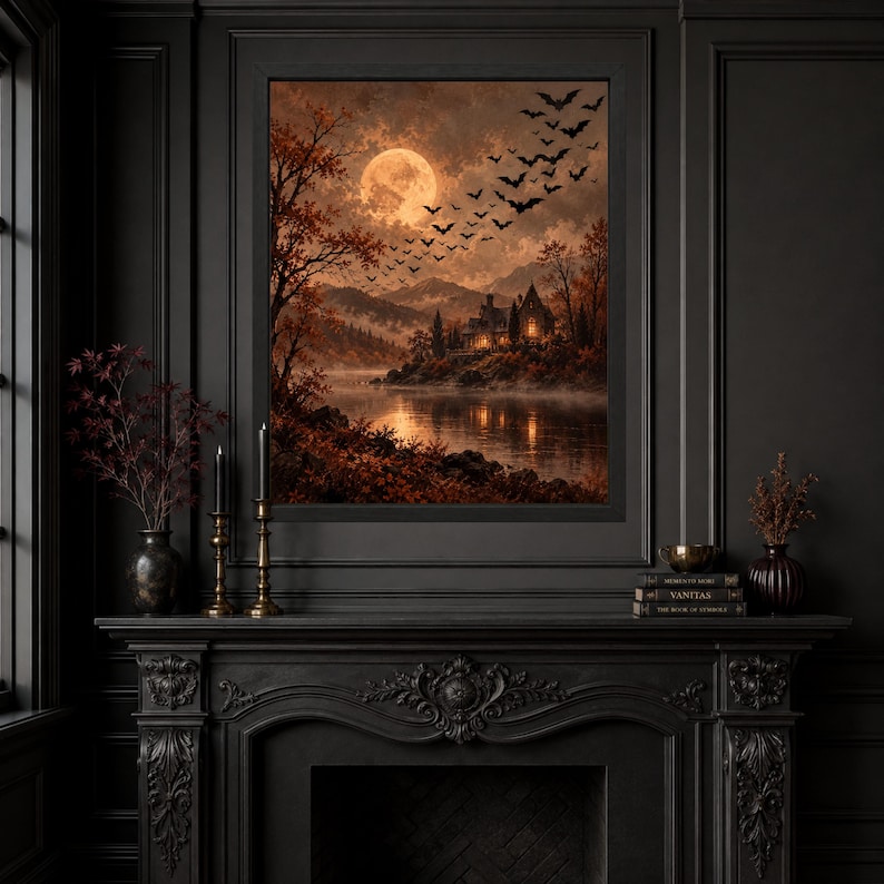 Decoración de pared de casa embrujada, lámina de Halloween con luna llena, paisaje gótico otoñal (descarga digital) imagen 3