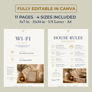 May include: A digital template set featuring Wi-Fi information and house rules, fully editable in Canva. Includes 11 pages in 5x7 in, 11x14 in, US Letter, and A4 sizes. The designs feature dark blue text, gold accents, and photographic inserts.