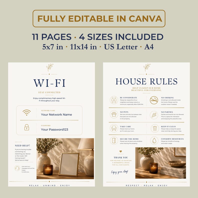 May include: A digital template set featuring Wi-Fi information and house rules, fully editable in Canva. Includes 11 pages in 5x7 in, 11x14 in, US Letter, and A4 sizes. The designs feature dark blue text, gold accents, and photographic inserts.
