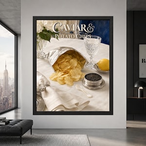 Framed caviar and potato chips wall art showing an open bag of golden chips beside black caviar, crystal glassware, lemon and white linen beneath decorative Caviar & Potato Chips lettering.