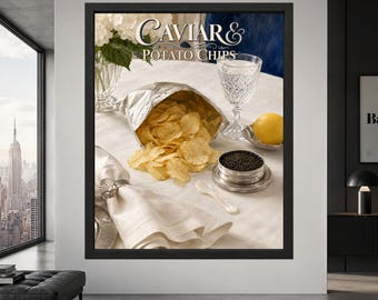 Caviar & Potato Chips Wall Art, Luxury Food Print, Quirky Kitchen Decor (Digital Download)