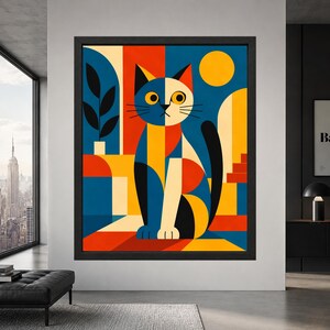 Geometric Cat Print, Mid-Century Modern Bauhaus Animal Art (Digital Download) image 3