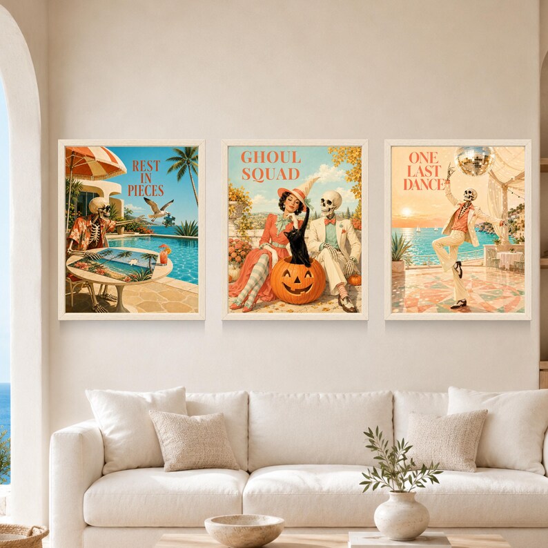 May include: Three framed wall art prints featuring vintage-style illustrations. The left print shows a skeleton at a pool with the text "REST IN PIECES". The center print depicts a person, a skeleton, and a cat with a pumpkin, labeled "GHOUL SQUAD". The right print shows a skeleton dancing with the text "ONE LAST DANCE".