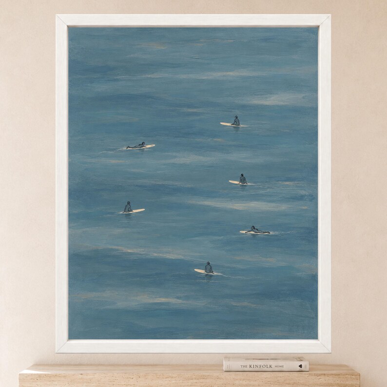 Minimalist Surfers Ocean Print, Muted Blue Coastal Wall Art (Digital Download) image 2