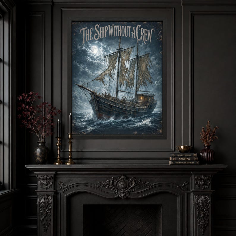 May include: A framed wall art print titled THE SHIP WITHOUT A CREW, depicting a dark, weathered sailing vessel with tattered sails navigating rough, stormy seas under a full moon and cloudy night sky, with a single glowing cabin window.