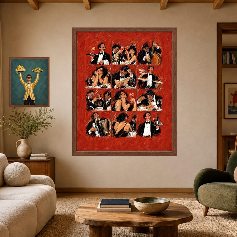 Italian Dining Scene Print, Red Restaurant Art, Wine Pasta Poster (Digital Download) image 7