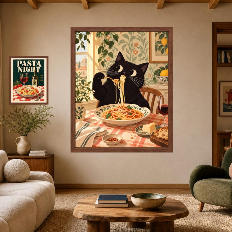 Black Cat Spaghetti Print, Italian Kitchen Art, Pasta Lover Poster (Digital Download) image 7