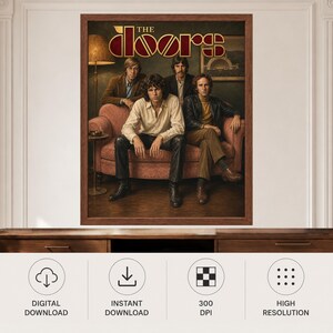 May include: A framed wall art print featuring the band The Doors. The image shows four members sitting on a pink sofa in a dimly lit room with a floor lamp. The text THE DOORS is printed in a bold, stylized font at the top of the composition.