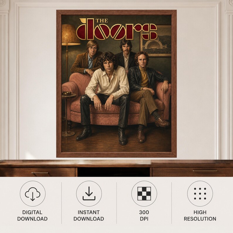 May include: A framed wall art print featuring the band The Doors. The image shows four members sitting on a pink sofa in a dimly lit room with a floor lamp. The text THE DOORS is printed in a bold, stylized font at the top of the composition.