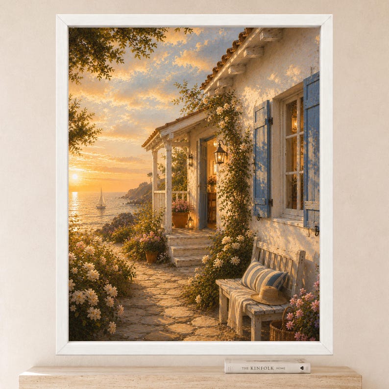 May include: A framed wall art print depicting a white cottage with blue shutters at sunset. A stone path leads to a porch with a wooden bench, a striped cushion, and a straw hat. Climbing vines and flowers surround the home, overlooking a calm sea.