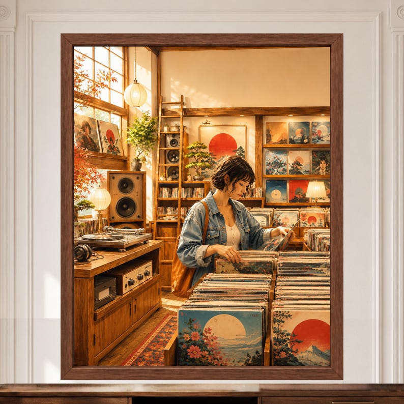 May include: A framed wall art print depicting a person in a denim jacket browsing through vinyl records in a warm, sunlit shop. The scene features wooden shelves, a turntable, speakers, and multiple record covers with red sun and floral motifs.