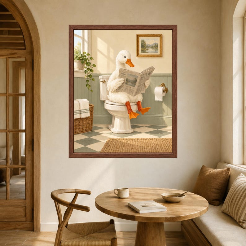 May include: A framed wall art print depicting a white duck with orange feet sitting on a white toilet reading a newspaper. The bathroom scene features light green wainscoting, a checkered floor, a small potted plant, and a framed landscape picture.