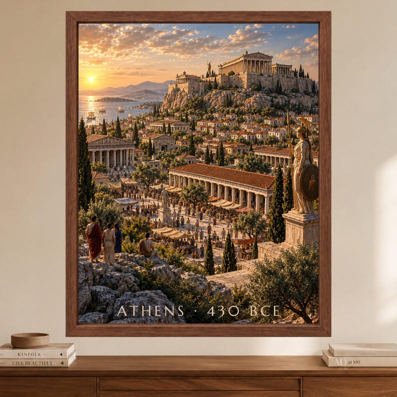 May include: A framed wall art print depicting an ancient Greek city scene at sunset with the text ATHENS 430 BCE at the bottom. The image shows a bustling marketplace, classical architecture, a prominent statue, and the Parthenon on a hill.