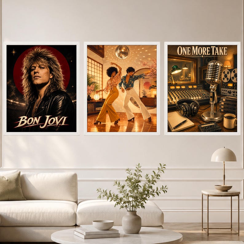 以下が含まれることがあります： 3枚の額入りウォールアート。左は「BON JOVI」の文字が入ったボン・ジョヴィのポートレート。中央はミラーボールの下で踊る2人の人物。右は「ONE MORE TAKE」の文字が入ったレコーディングスタジオの風景が描かれています。