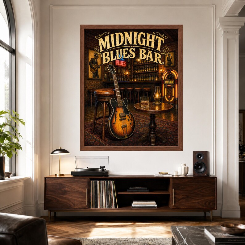 Puede incluir: Una impresi&oacute;n art&iacute;stica enmarcada titulada Midnight Blues Bar, que muestra el interior de un bar con poca luz, una guitarra el&eacute;ctrica de cuerpo hueco, un taburete de cuero, una mesa peque&ntilde;a con un vaso de l&iacute;quido &aacute;mbar y una gramola antigua al fondo.