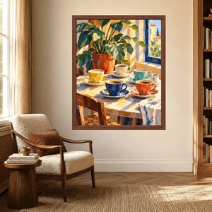 Mediterranean Coffee Cups Print, Colorful Kitchen Art, Painterly Café Scene (Digital Download) image 3