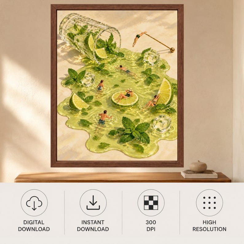 Stampa artistica surreale a tema mojito per piscina, cocktail lime e menta, decorazione per carrello bar (download digitale) immagine 10