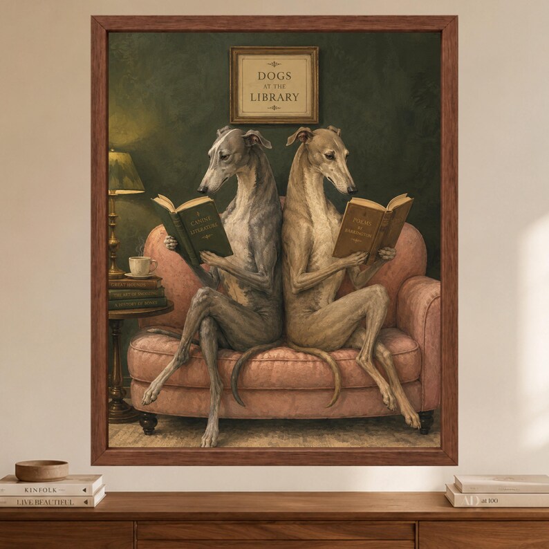 May include: A framed wall art print titled Dogs at the Library featuring two greyhounds sitting back-to-back on a pink sofa, each reading a book. A green wall serves as the backdrop with a lamp and a stack of books on a side table nearby.