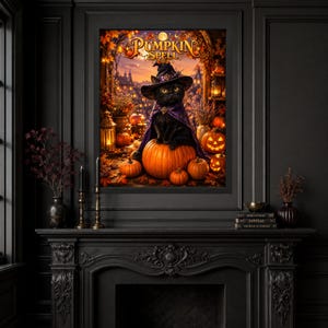 May include: A framed wall art print titled PUMPKIN SPELL featuring a black cat wearing a purple witch hat and cape, sitting atop a large orange pumpkin. The scene includes several smaller glowing jack-o'-lanterns, autumn foliage, and lanterns.