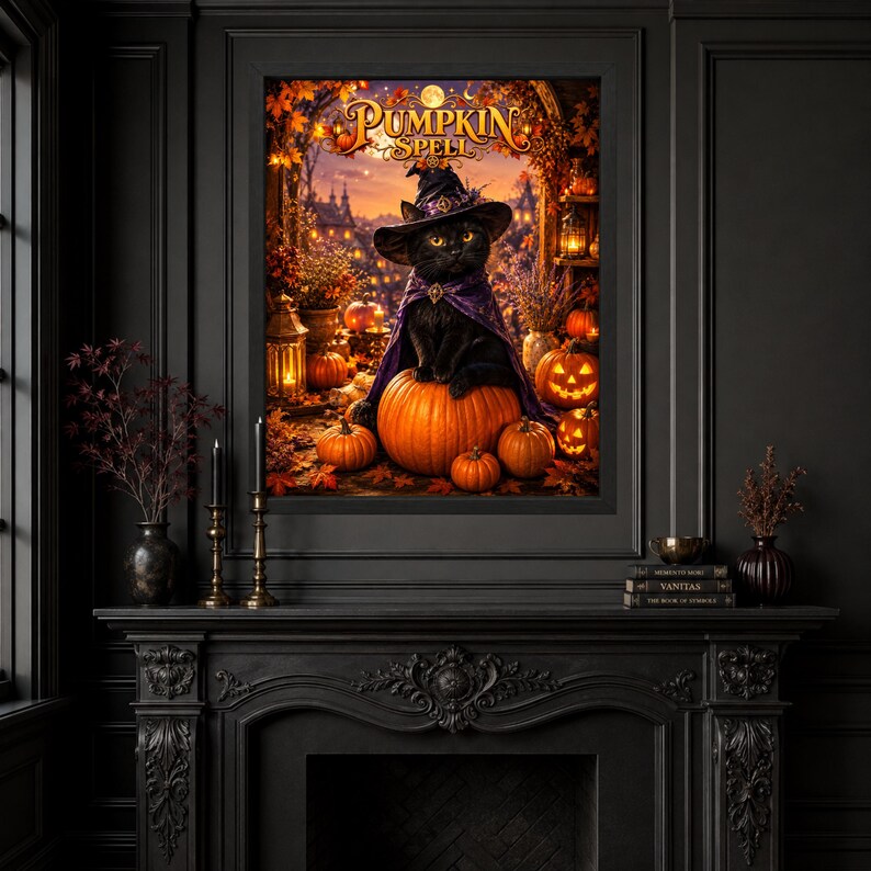 May include: A framed wall art print titled PUMPKIN SPELL featuring a black cat wearing a purple witch hat and cape, sitting atop a large orange pumpkin. The scene includes several smaller glowing jack-o'-lanterns, autumn foliage, and lanterns.