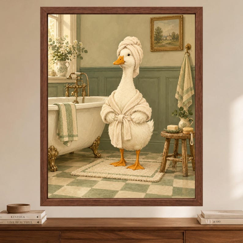 Funny Duck Spa Day Print, Sage Green Bathroom Decor (Digital Download) image 2