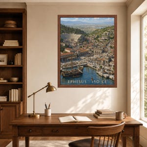 May include: A framed wall art print depicting an aerial view of the ancient city of Ephesus in 150 CE, featuring a harbor with wooden ships, stone buildings, a large theater, and hills in the background, with the text EPHESUS 150 CE at the bottom.