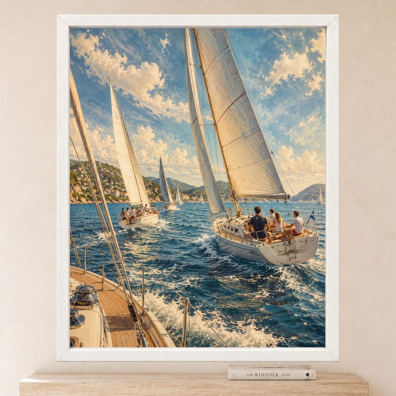 Puede incluir: Una impresi&oacute;n de arte mural enmarcada que representa varios veleros con velas blancas navegando en aguas oce&aacute;nicas de color azul profundo bajo un cielo brillante con nubes dispersas. La escena muestra varios barcos en movimiento con personas.