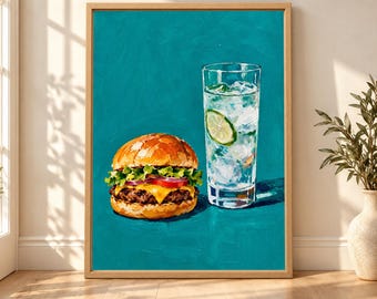 Cheeseburger and Lime Soda Print, Retro Kitchen Decor (Digital Download)