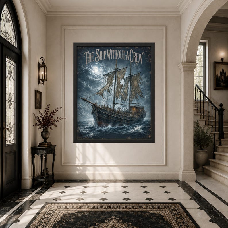 May include: A framed rectangular wall art piece featuring a dark, stormy maritime scene of a tattered sailing ship on turbulent ocean waves under a full moon, with the text THE SHIP WITHOUT A CREW printed in a stylized white font at the top.